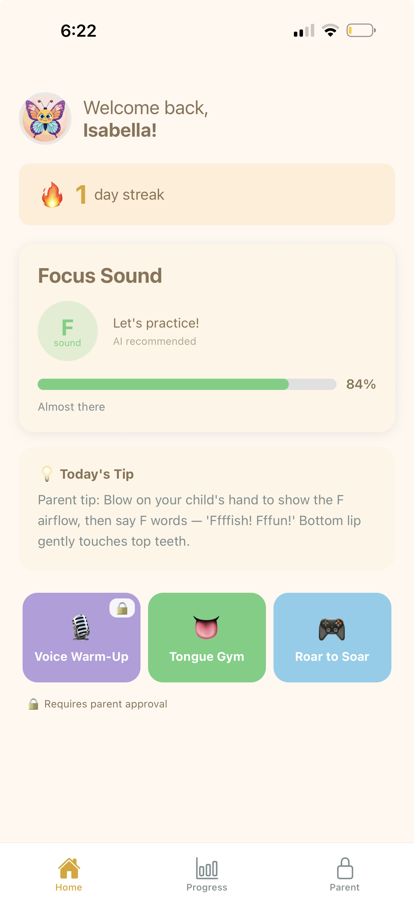 Speak Wonder app showing a child-friendly speech practice interface with colorful animations and encouraging feedback
